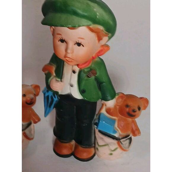 2 Vintage Plastic Boy Figurines Umbrella Bag with Teddy Bear Hong Kong - Picture 2 of 13